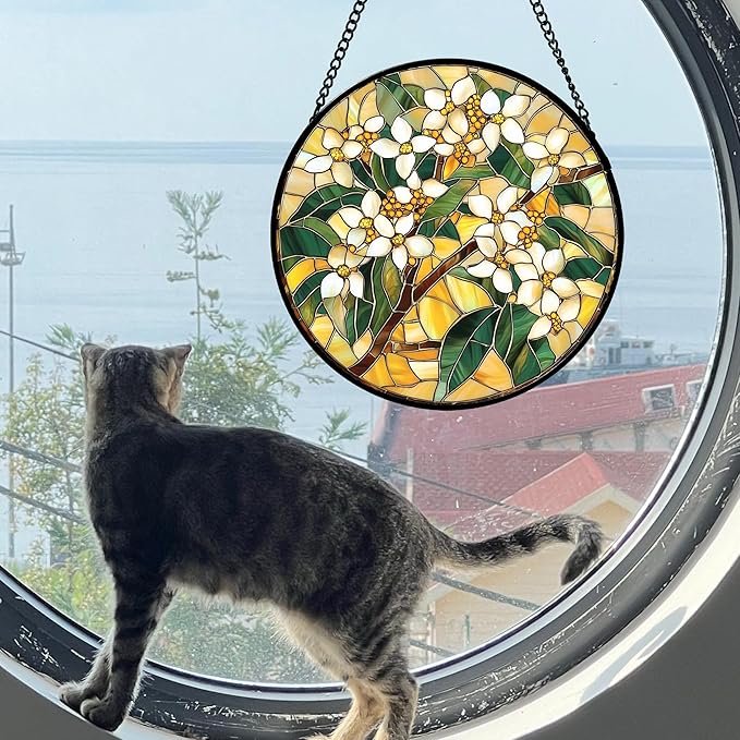 Stained Glass Window Hanging, White Flower Sun Catcher for Door Home Decor Plants Suncatcher Christmas Mother's Day Birthday Gifts for Women Men Mom and Nana 11.8 in