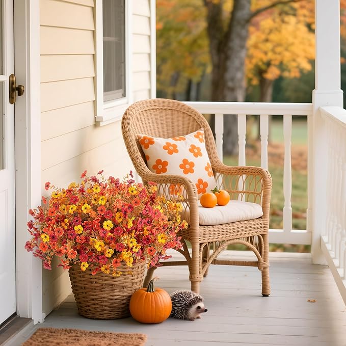 12 Bundles Fake Mums Fall Flowers Artificial for Outdoors Decoration Artificial Mums Faux Plants Daisy for Outdoor Outside Planters UV Resistant Violets for Fall Decor Home Porch Door Front Patio Yard