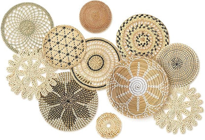Tatuo 11 Pcs Boho Wall Basket Decor Decorative Bulrush Woven Basket Wall Decor Art Round Farmhouse Hanging Baskets for Kitchen Rustic Home Summer Decorations, Multi Sizes(Vivid)