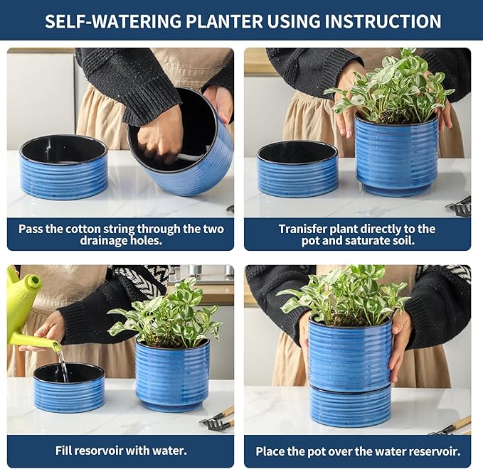 HASENSE Self Watering Pots for Indoor Plant, 6 Inch Porcelain Planter with Drainage Hole & Water Storage Plus for Indoor & Outdoor Plants, Round Flower Pot for Home Office Kitchen Decor, Blue