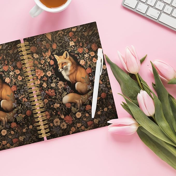 Fox Floral Spiral Notebook, Retro Black Cottagecore Floral Journaling Notebooks for Note Taking, Vintage Flower Aesthetic Hardcover Journals for Women 160 Pages 5.5x8.3 Inch, Fox Gifts for Women