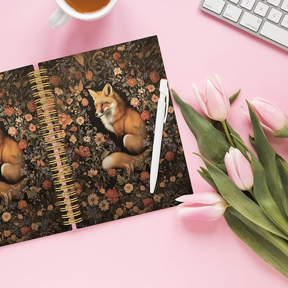 Fox Floral Spiral Notebook, Retro Black Cottagecore Floral Journaling Notebooks for Note Taking, Vintage Flower Aesthetic Hardcover Journals for Women 160 Pages 5.5x8.3 Inch, Fox Gifts for Women