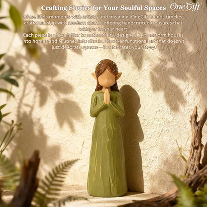 OneGift Praying Elf Fairy Figurines - Sympathy, Healing, Fairy Statue Guardian Blessing Gifts for Loved One, Hand-Painted Resin Green Elf Christmas Decorations Cozy Home Decor