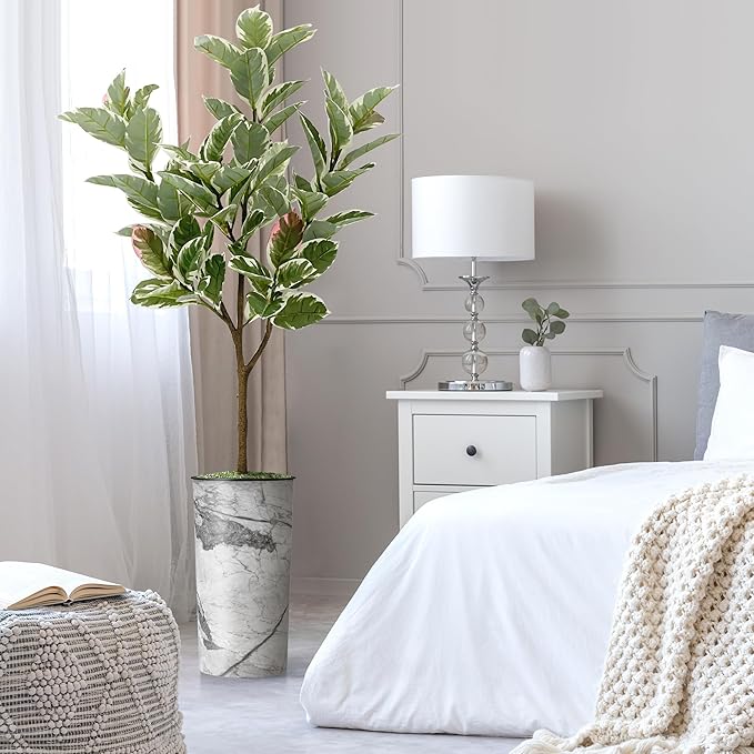 Artificial Tree in Gray Marble Effect Planter, Fake Rubber Silk Tree for Indoor and Outdoor Home Decoration - 70" Overall Tall (Plant Pot Plus Tree)