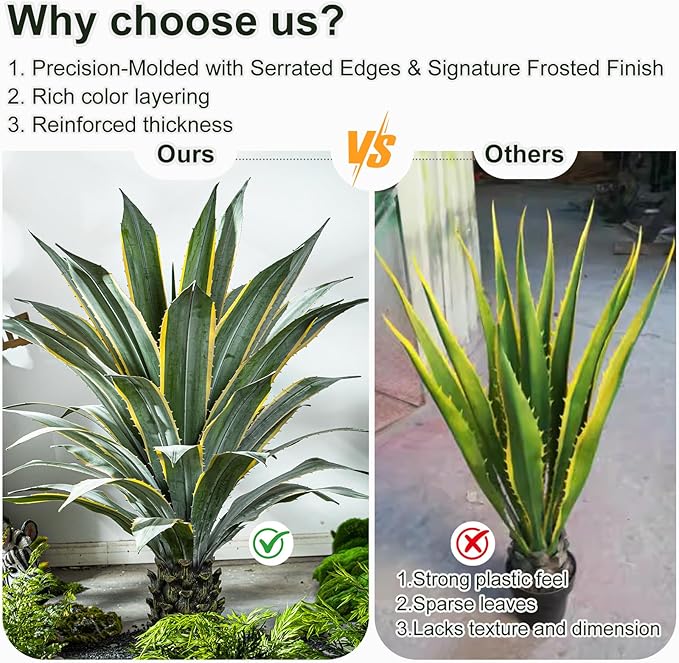Artificial Agave Plant Potted Plants for Indoor Outdoor Fake Agave Tree in Pot Realistic Faux Tree with 42 Leaves for Home Living Room Office Garden Front Porch Patio Decor (51inch-1 Pc Potted Yellow)