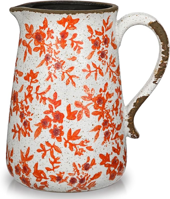 Ceramic Rustic Farmhouse Vase, 7.9" Orange Red and White Vase for Centerpieces Chinoiserie Vases Pottery Jug with Handle Chinoiserie French Country Decor Vintage Vases for Kitchen Dinner Table