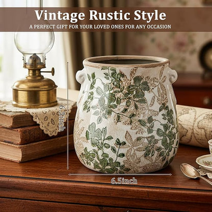 Ceramic Scroll Planter 6.5 Inch Chinoiserie Floral Vase with Drainage Holes Vintage Flower Vase Flower Pot Rustic Ceramic Pots for Indoor Plants Garden Home Bookshelf Decor(Double Green)