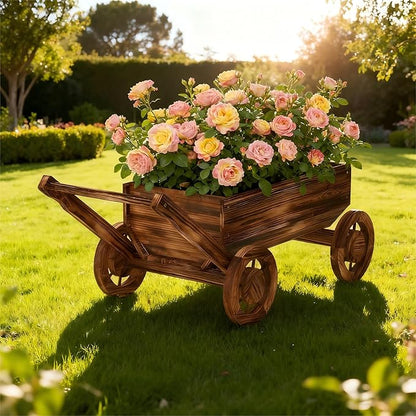 Wooden Flower Cart with Wheels Wooden Wagon Planter Outdoor Garden Planter Decor Planter for Patio Balcony Trolley Decoration Succulent Flower Pot, Indoor Backyard Balcon Decor（L）