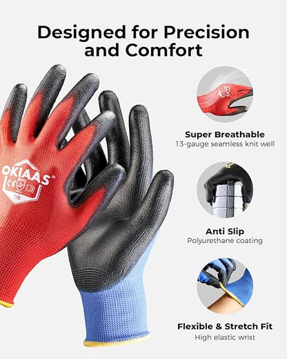 OKIAAS Work Gloves for Men, Ultra Thin and Lightweight with Grip, 12 Pairs Bulk Pack Construction Gloves with Polyurethane Coating, Safety Gloves for Light Duty Work (Green, Medium)