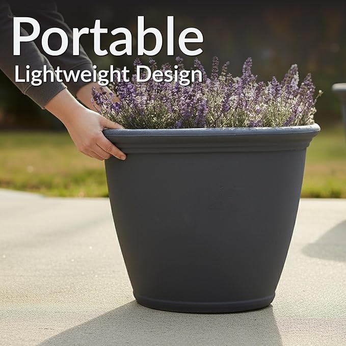 Sunnydaze 20-Inch Anjelica Large Plastic Pot for Plants - Double-Walled Outdoor Polyresin Round Planter Porch Pot with Drillable Drainage Holes - Slate