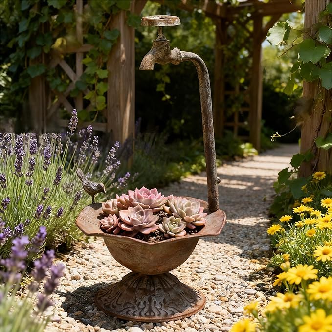 Unique Planters for Indoor Outdoor Plants, Rustic Succulent Planters, Outdoor Flower Pots, Indoor Succulent Plant Pots, Metal Tap Design, Home and Garden Decor (Gray)
