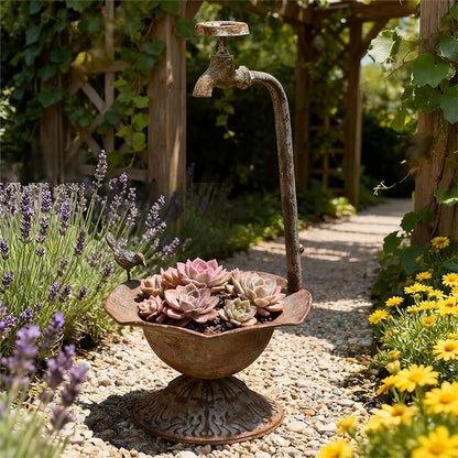 Unique Planters for Indoor Outdoor Plants, Rustic Succulent Planters, Outdoor Flower Pots, Indoor Succulent Plant Pots, Metal Tap Design, Home and Garden Decor (Gray)
