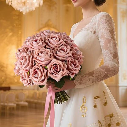 Fake Roses Faux Flowers Silk Roses 16.5In Artificial Roses with Stems Realistic Artificial Flowers Suitable for Indoor Home Decor DIY Bouquet Wedding Decor Party Decor 24PCS (Pink Purple)