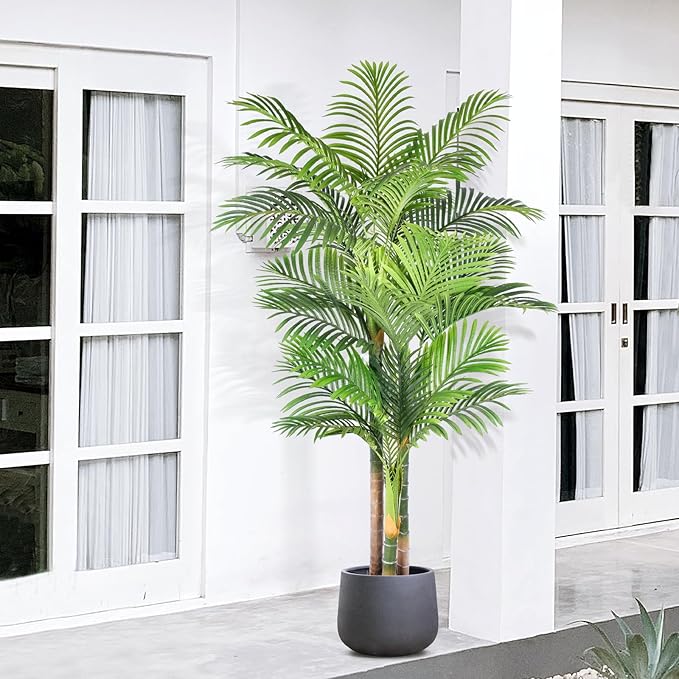 6ft Tall Triple Golden Cane Palm Artificial Tree Large Tropical Palm Tree UV Resistant Fake Plant in Pot for Indoor Outdoor Big House Living Room Outside Patio Office Home Decor 1Pack