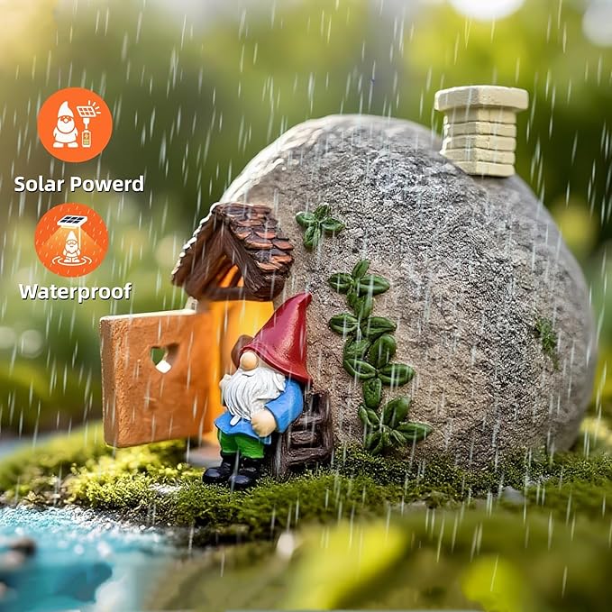 Fairy Garden Accessories Gnome Home Statues Kit, 4 Pcs Figurines Solar Tiny House with Openable Door for Outdoor Patio Yard Lawn, Christmas Housewarming Decorations, Gift Ideas for Women Kids
