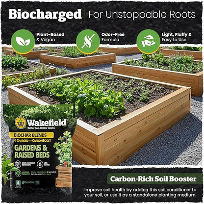 Wakefield Biochar Blend with CarbonBoost™ Technology – Enhanced Water & Nutrient Retention for Raised Bed Garden Soil - Ultimate Organic Potting Soil Mix for Vegetables, Gardens and Houseplants - 4qt