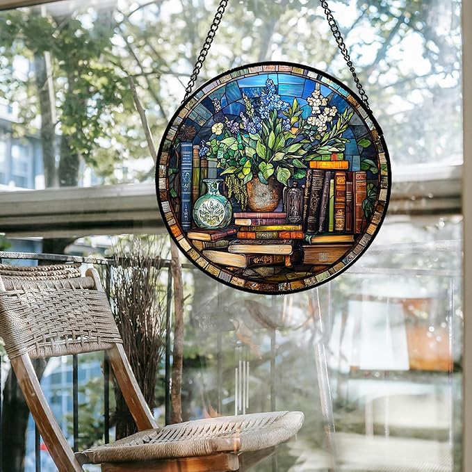 Stained Glass Window Hanging Teal Flower Vintage Books 9.8" - Blue Suncatcher Door Garden Sun Catcher Home Decor Birthday Christmas for Mom Men Woman Nana Friend