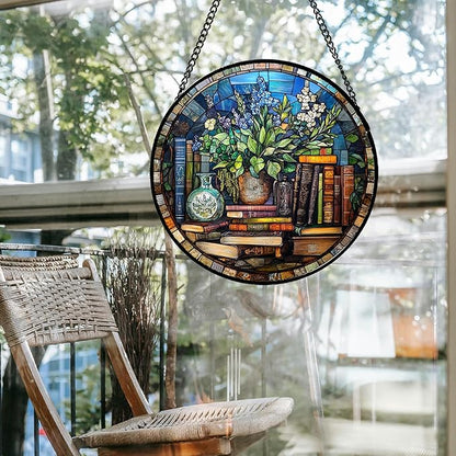 Stained Glass Window Hanging Teal Flower Vintage Books 9.8" - Blue Suncatcher Door Garden Sun Catcher Home Decor Birthday Christmas for Mom Men Woman Nana Friend