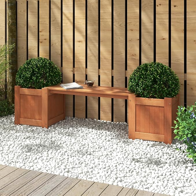 Planter Box Bench Outdoor, Wood Patio Bench with 2 Wood Planter Boxes, Raised Plant Container Garden Bench for Outdoor, Patio, Yard, Deck & Balcony