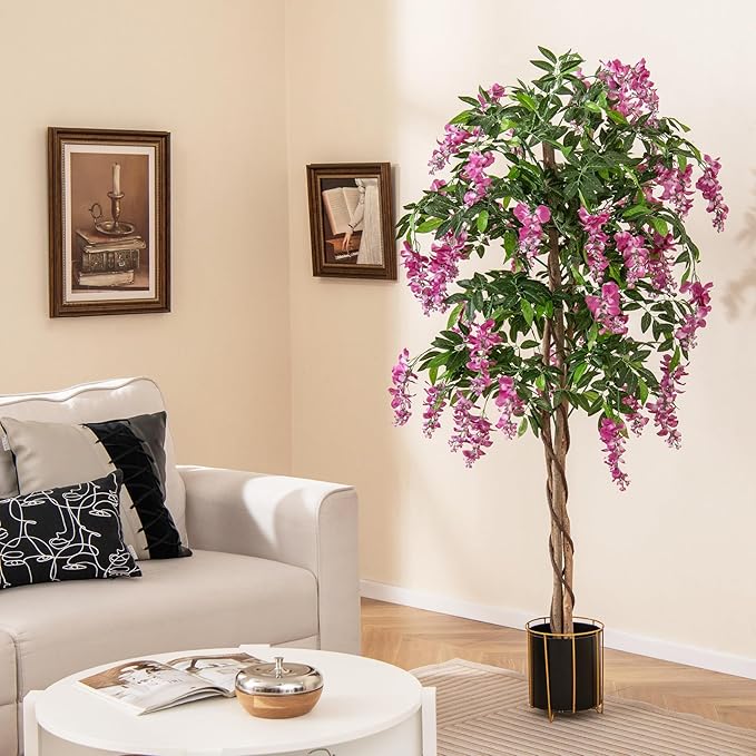 Goplus 5.5FT Ficus Artificial Tree, Faux Wisteria Tree in Nursery Pot with Blooming Flowers, Fake Potted Tree Greenery Floor Plant for Indoor Home Office Porch Living Room Decor