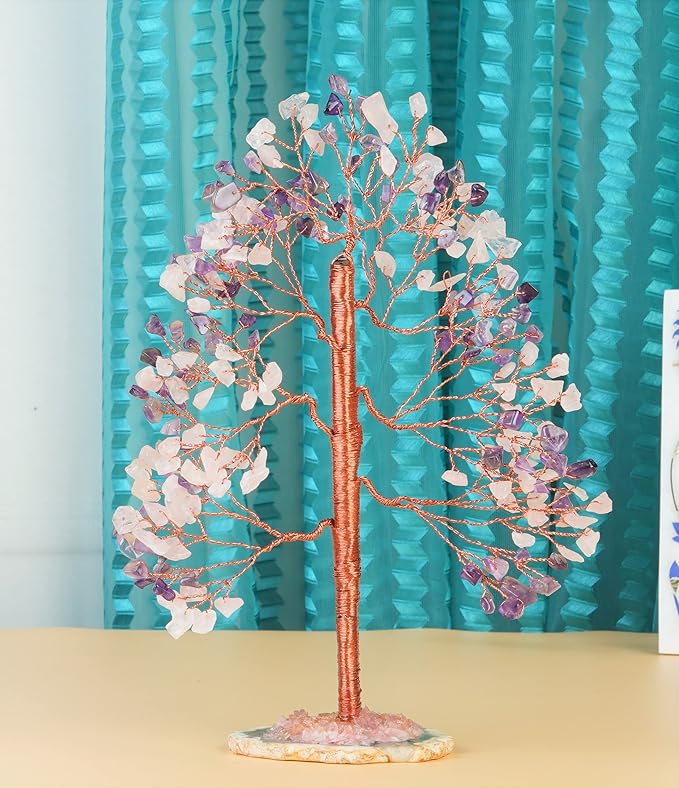 Amethyst & Rose Quartz Crystal Tree of Life - Handmade Gemstone Tree, Geode Agate Slice Base, Chakra Tree of Life, Feng Shui Tree, Money Tree, Crystal Decorations, Spiritual Gifts, Healing Crystal