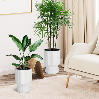 14.2" Tall Planters Set of 2, Plant Pots, Self Watering Pots for Indoor Plants, Flower Pots With Built-In Drainage and a Water Level Monitor, for Patio, Porch, Living Room, or Office, Marble White