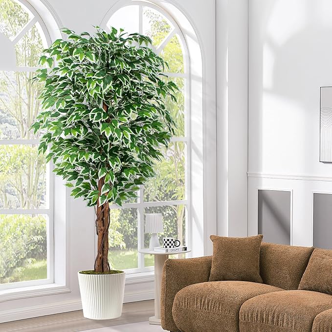 6.2ft Ficus Artificial Trees with 3 Natural Curved Trunks, 74" Tall Lush Faux Tree for Home Decor Indoor, Green Lifelike Fake Ficus Tree 1pcs
