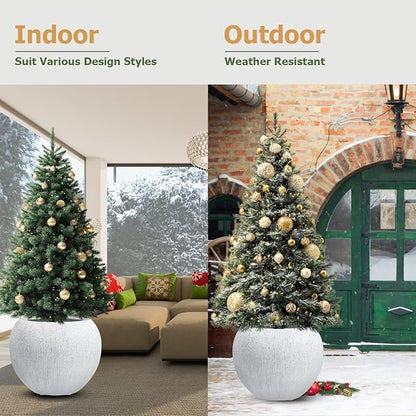 16" H x 20" D Ribbed Globo Fiberstone Round Planter with Drainage Hole, Weather Resistant for Indoor and Outdoor Use, Included 2 Extra Coco Mats (Speckled White, 13.5" Pot Opening)