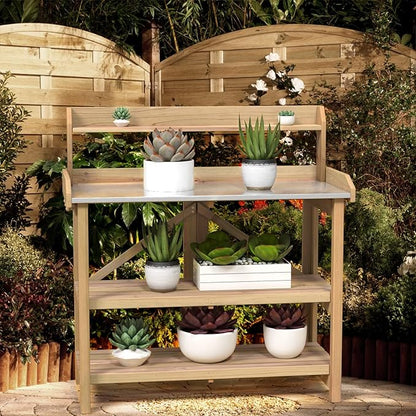 S AFSTAR Garden Potting Bench, Gardening Work Station Table with 2 Storage Shelves, Fir Wood Structure & Metal Tabletop, Garden Table Potting Benches for Outside, Backyard & Balcony