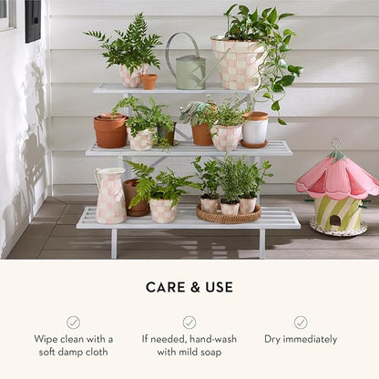 MACKENZIE-CHILDS Enamel Garden Pot, Decorative Pot for Plants, Outdoor Flowerpot Decor, Extra Large, Pink-and-White Rosy Check