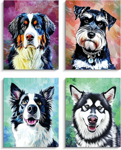 NIIORE Watercolor Dog Wall Art Canvas, Modern Pet Printing, Bernese Mountain Dog, Schnauzer, Border Collie, Husky Prints, Set of 4, 8x10 Inches Unframed