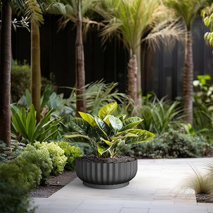 Kante Round Fulted Bowl Planter, 20.9 Inch Dia Large Concrete Flower Pots with Drainage Hole and Rubber Plug, Suitable for for Indoor Outdoor Plants, Home, Patio, Garden, Black