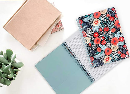 Steel Mill & Co Cute Red/Blue Mini Spiral Notebook, 8.25" x 6.25" Journal with Durable Hardcover and 160 Lined Pages, Folk Floral