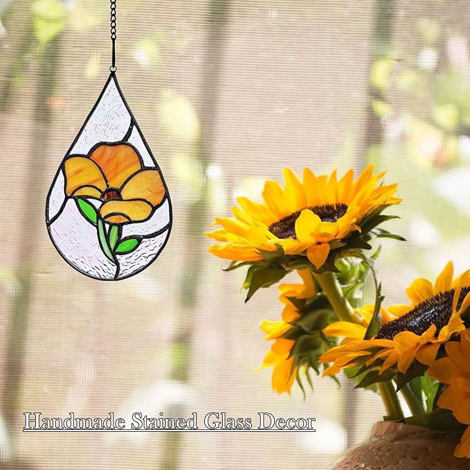 Handmade Poppy Flower Stained Glass Window Hangings Ornament Suncatcher, Tiffany Style Poppy Flower Themed Decor Gifts for Women Mom Teacher Wedding Birthday Christmas.