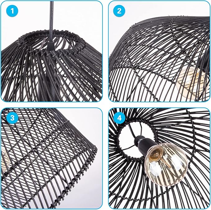 Arturesthome Black Rattan Pendant Lights Lampshade, Wicker Boho Chandelier for Kitchen Island Dining Room Entryway Foyer W 16.5"* H13