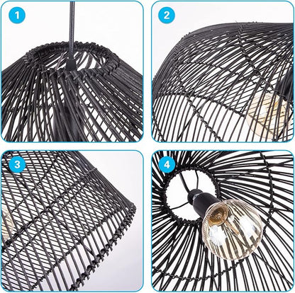 Arturesthome Black Rattan Pendant Lights Lampshade, Wicker Boho Chandelier for Kitchen Island Dining Room Entryway Foyer W 16.5"* H13