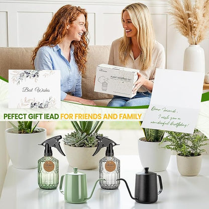 Watering Can for Indoor Plants, 20 oz Metal Small Plant Watering Can with Long Spout for House Plants, 13.5 oz Glass Plant Mister Spray Bottle for Bonsai Garden Flowers Decorative (Green)