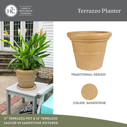 The HC Companies Terrazzo Large Round Plastic Plant Pot w/Rolled Rim - Lightweight & UV Resistant Gardening Pot for Herbs & More - Outdoor & Indoor Plant Pots w/Drainage (20”, Sandstone, Pack of 2)