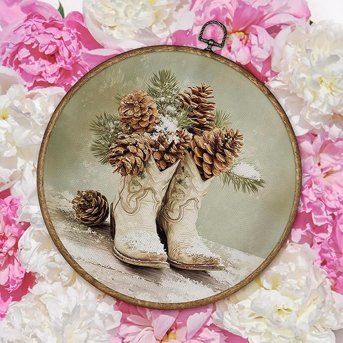 TLESKE Winter Western Cowgirl Pinecones Round Wall Art Decor Framed 10x10, Pine Cones Preppy Cowgirl Boot Canvas Wall Art Prints Artwork, Christmas Cowboy Hanging Wall Picture Room Decor for Bedroom