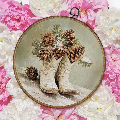 TLESKE Winter Western Cowgirl Pinecones Round Wall Art Decor Framed 10x10, Pine Cones Preppy Cowgirl Boot Canvas Wall Art Prints Artwork, Christmas Cowboy Hanging Wall Picture Room Decor for Bedroom