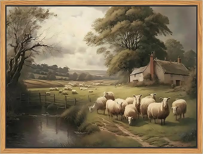SAMHOU Floating Framed Canvas Wall Art, Vintage French Country Nature Landscape Wall Decor, Meadow Flock of Sheep Poster Prints Picture for Farmhouse Living Room Bedroom Home Decor 16x24 inch