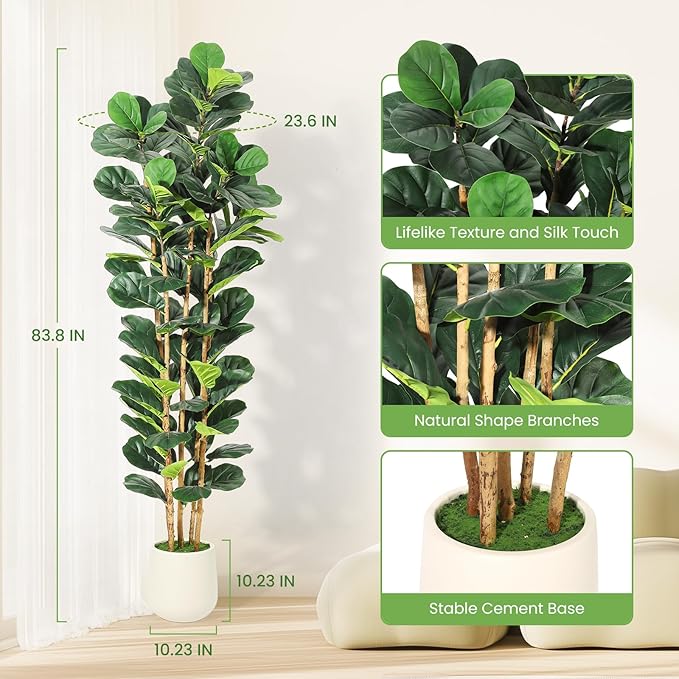 7ft Faux Fiddle Leaf Fig Tree with White Planter, Floor Fake Plants, Realistic Artificial Plants for Home Office Living Room Decor, Housewarming Gift