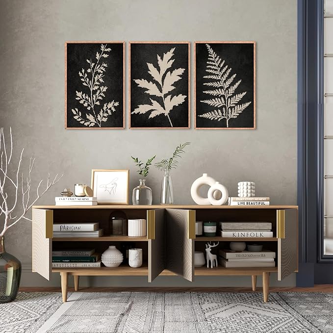 Ausril Black Tan Fern Leaf Framed Canvas Wall Art Set, Minimalist Botanical Wall Decor, Nature Fern Plant Silhouette Wall Painting, Modern Rustic Art Print for Living Room, Bedroom, Office -36"x24"x3