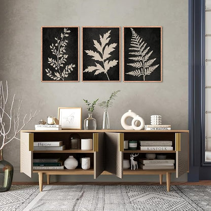 Ausril Black Tan Fern Leaf Framed Canvas Wall Art Set, Minimalist Botanical Wall Decor, Nature Fern Plant Silhouette Wall Painting, Modern Rustic Art Print for Living Room, Bedroom, Office -36"x24"x3