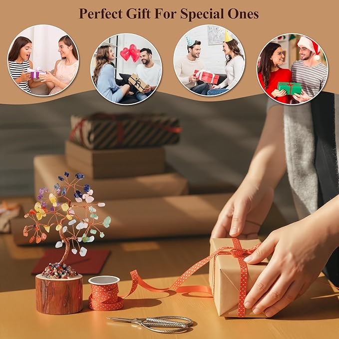 Crystal Tree of Life, Healing Crystal Trees with 63 Beads Chakra Stones, Handmade 7 Chakra Tree for Home Office Desk Crystal Decor, Good Luck Birthday Gifts for Women, Mom