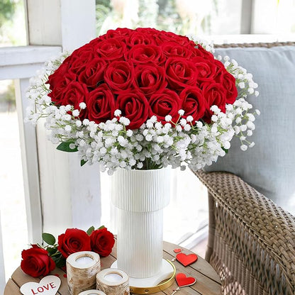 HyeFlora 35 PCS Red Roses Artificial Flowers 15 PCS Fake Baby Breath Realistic Fake Flowers Bouquet with Stem for DIY Wedding Party Home Decoration Vase Tables Centerpieces Arrangements Gift for Her
