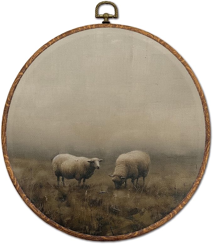 DEQSX Vintage Farmhouse Sheep Round Wall Art, Rustic Cottagecore Countryside Landscape Farm Animals Wall Decor Canvas Prints Posters for Home Bedroom Living Room, 10x10 Inches