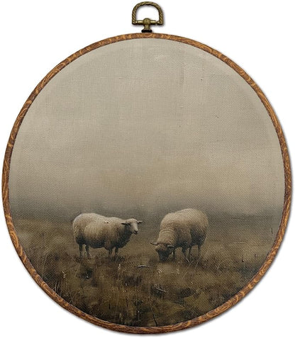 DEQSX Vintage Farmhouse Sheep Round Wall Art, Rustic Cottagecore Countryside Landscape Farm Animals Wall Decor Canvas Prints Posters for Home Bedroom Living Room, 10x10 Inches