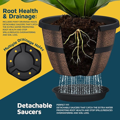 10-Inch Whiskey Barrel Planters Outdoor Pack of 10 - Durable Plastic Plant Pots for Indoor & Outdoor Use with Drainage & Saucer, Lightweight Rustic Barrel Planters for Flowers, Herbs & Small Plants