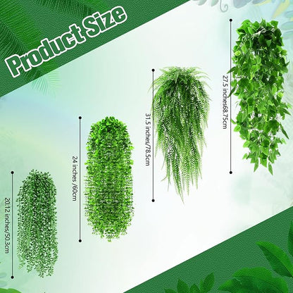 24 Pcs Artificial Hanging Plants Fake Hanging Ferns Plastic Faux Plants for Wall Room Garden Garland Indoor Outdoor Decor No Basket (Boston,Eucalyptus,Ivy Vine,String of Pearls)